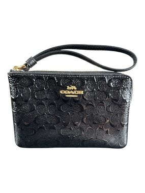 COACH Corner Zip Black Patent Debossed Leather Wristlet